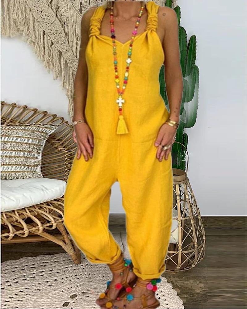 

Plain Backless Casual Suspender Jumpsuit, Yellow