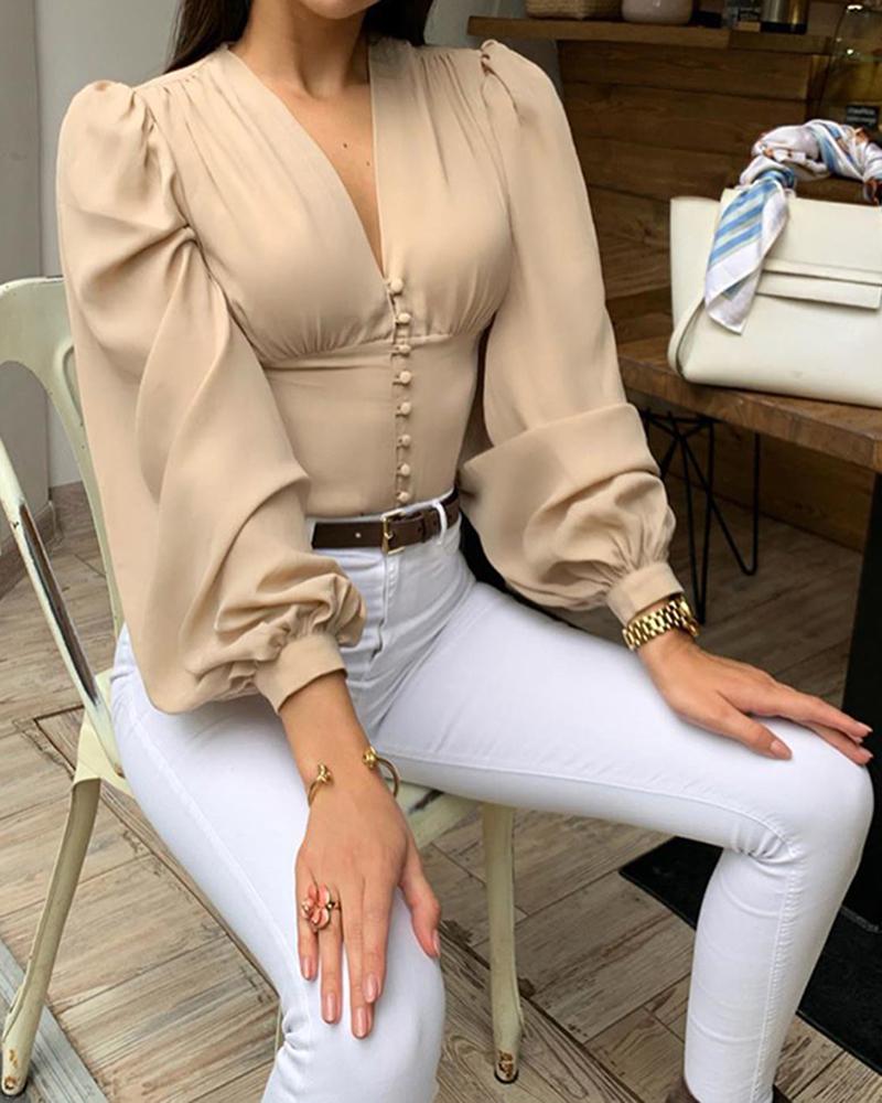 

V-Neck Solid Lantern Sleeve Casual Blouse, Khaki