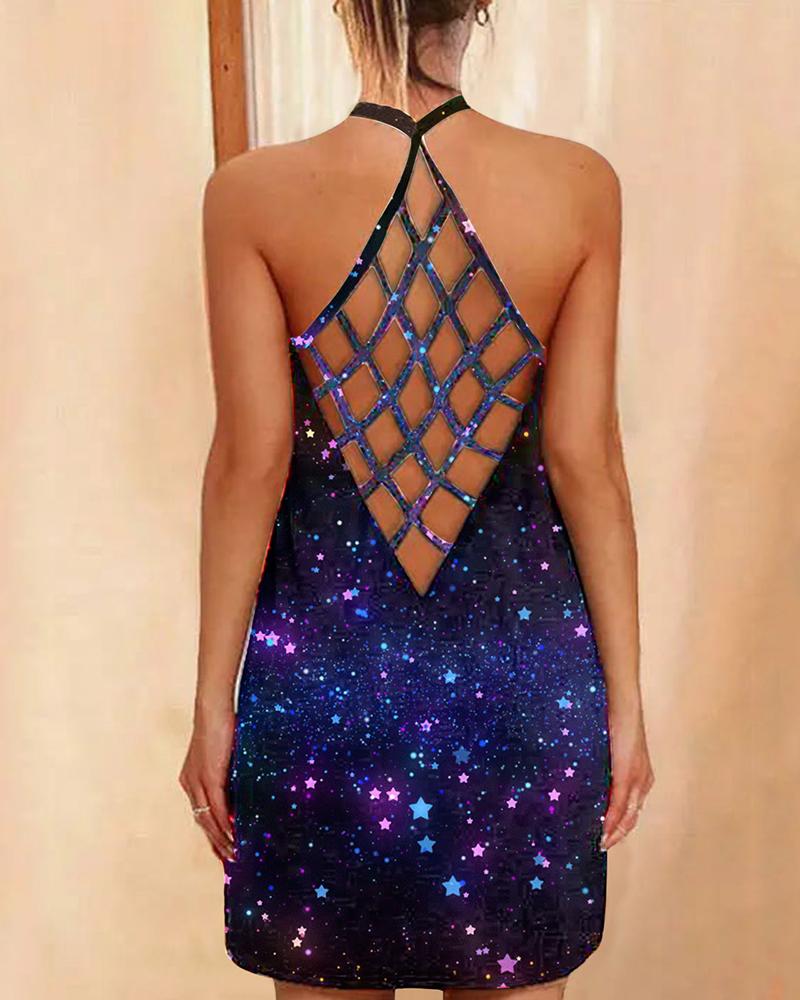 

Tie Dye Print Halter Sleeveless Hollow Out Backless Dress, Blue