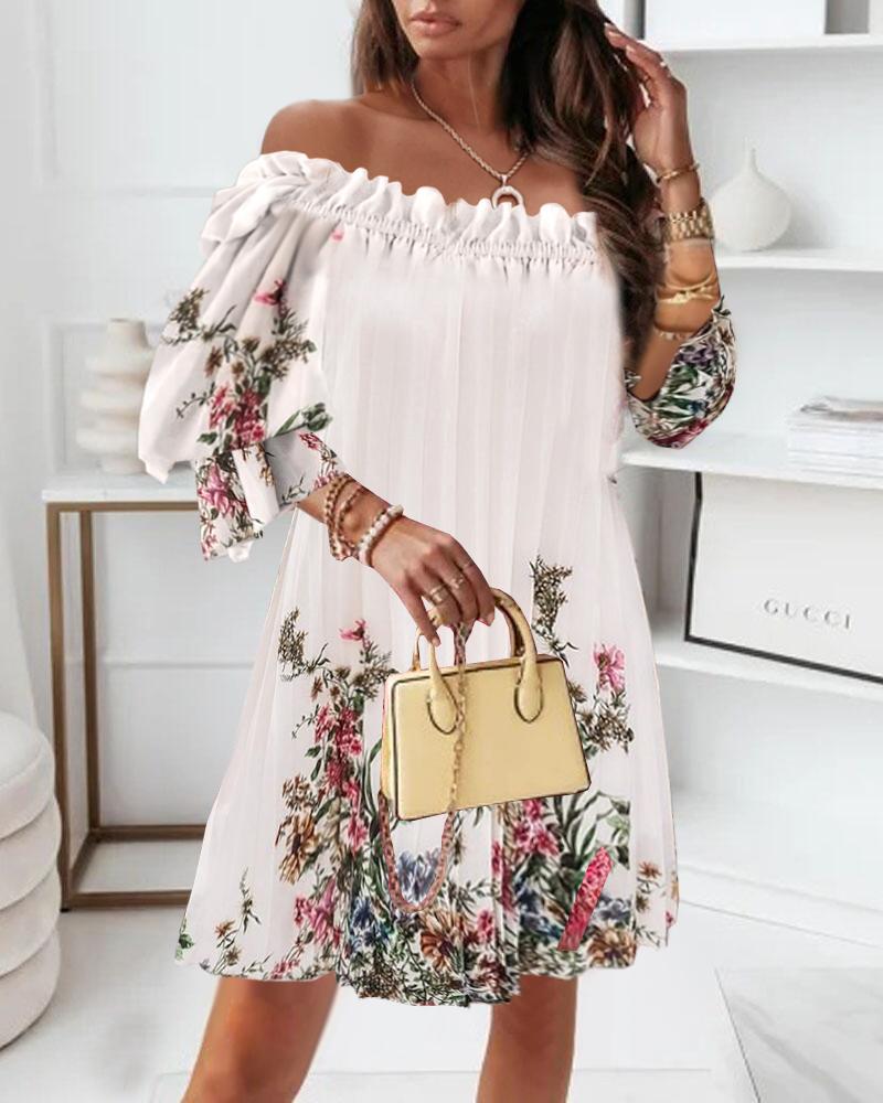 

Floral Print Off Shoulder Pleated Casual Dress, White
