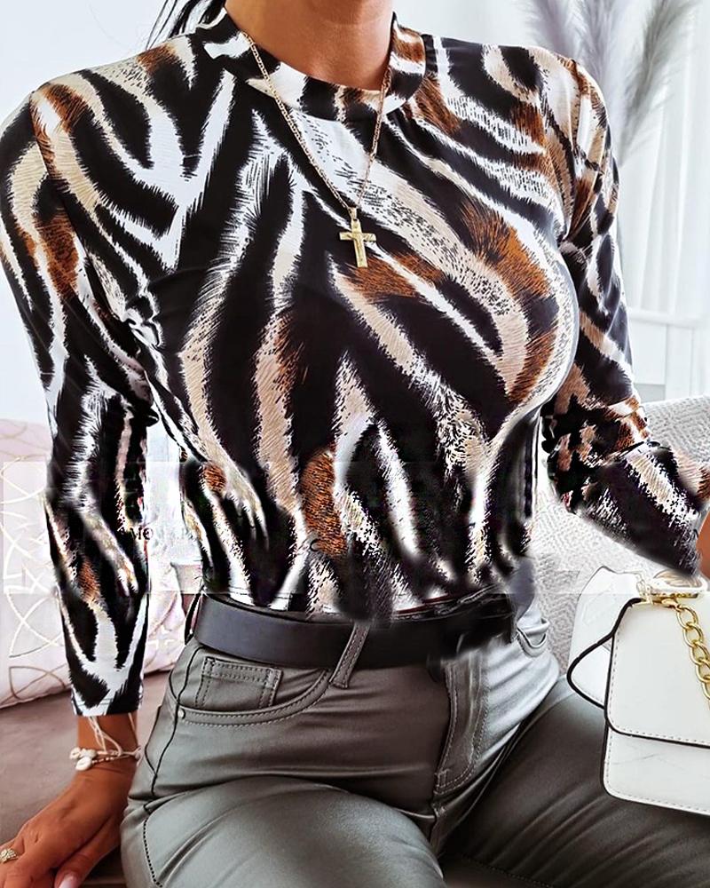 

Zebra Stripe Print Long Sleeve Skinny Top, Multicolor
