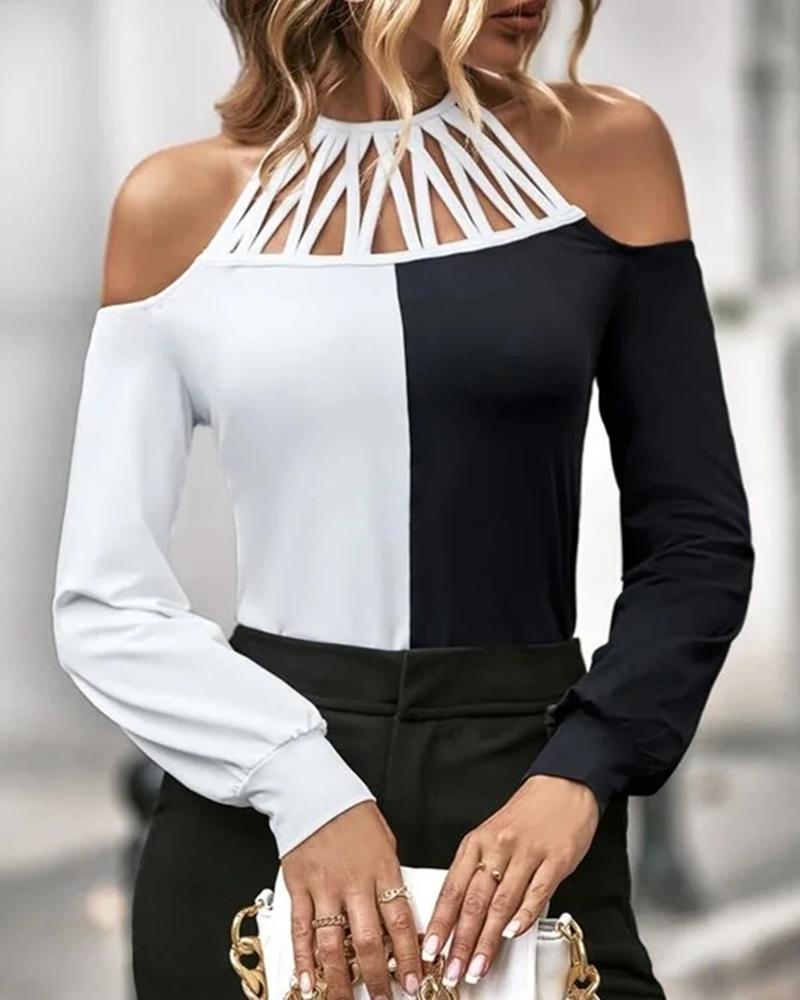 

Colorblock Cold Shoulder Cutout Top, White