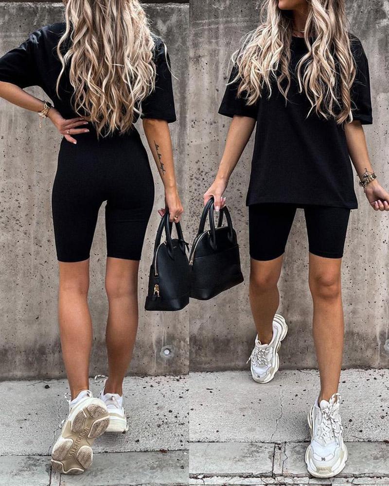 

Half Sleeve Basic Top & High Waist Shorts Set, Black