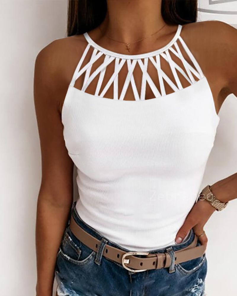 

Hollow Out Ribbed Tank Top, White