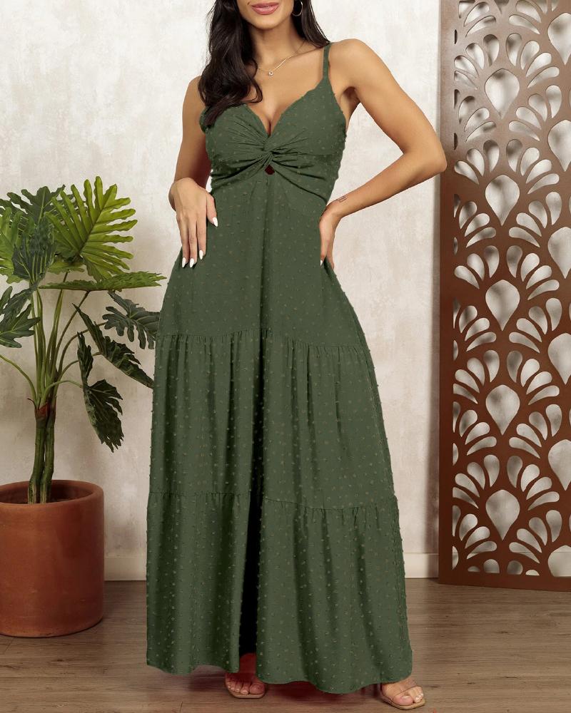 

Polka Dot V-Neck Spaghetti Strap High Waist Dress Casual Twist Ruffle Hem A Line Flowy Maxi Dress, Army green