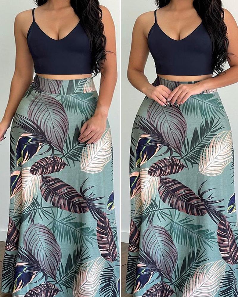 

Cami Crop Top & Tropical Print Maxi Skirt Sets, Purplish blue