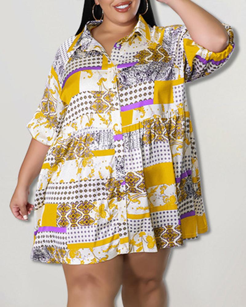 

Plus Size Scarf Print Button Down Shirt Dress, Yellow