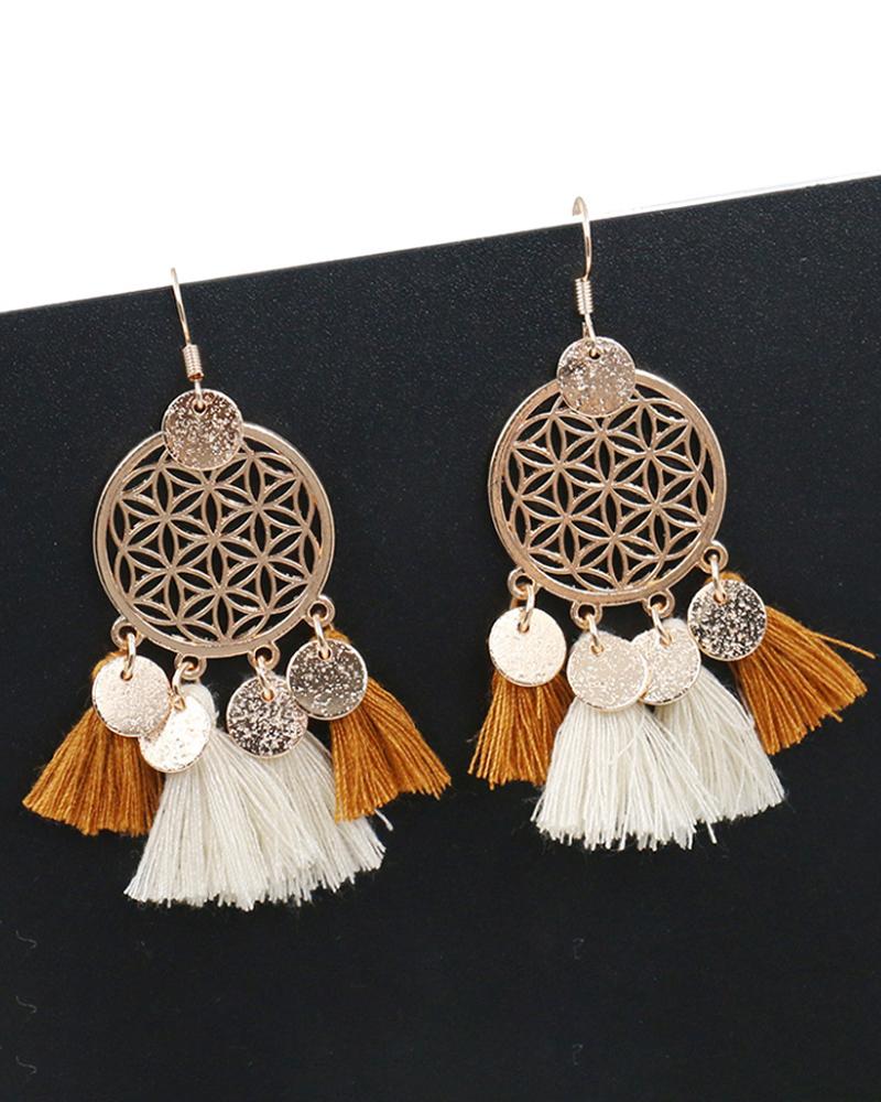 

1Pair Tassel Design Disc Hollow Out Drop Earrings, Khaki