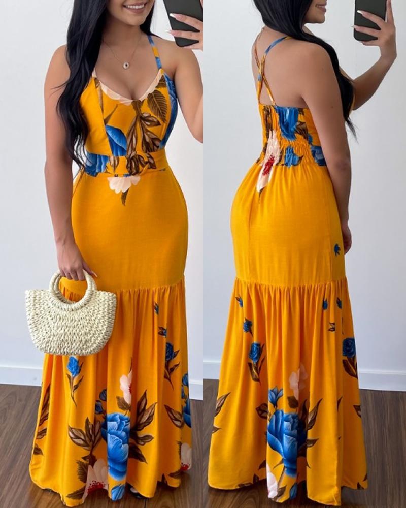 

Floral Print Crisscross Backless Maxi Dress, Yellow