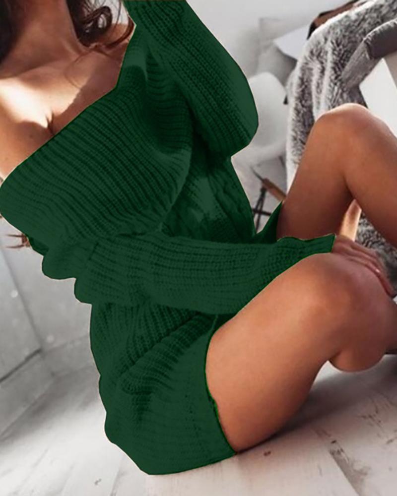 

Off Shoulder Knit Long Sleeve Sweater Dress, Green