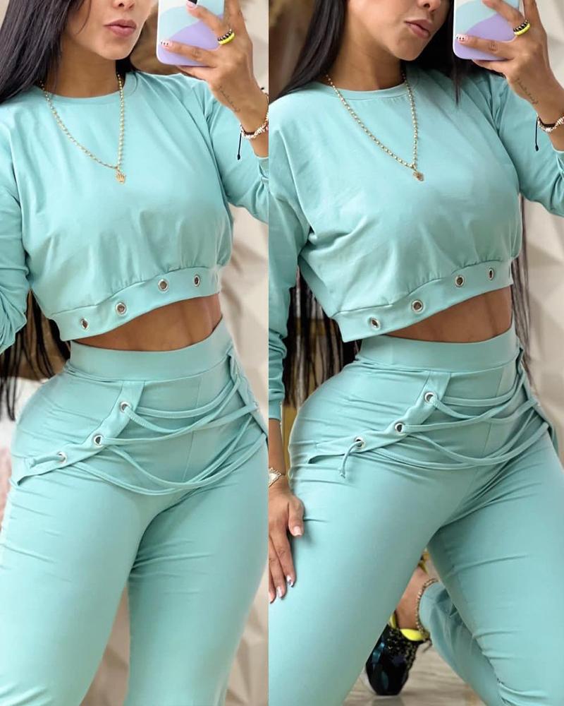 

Eyelet Crop Top & Lace Up Pants Set, Green