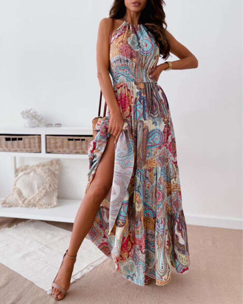 

Vintage Paisley Print Halter Backless Maxi Dress, Blue