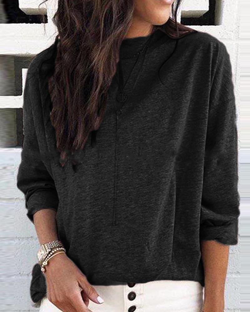 

Round Neck Long Sleeve Casual Top, Black