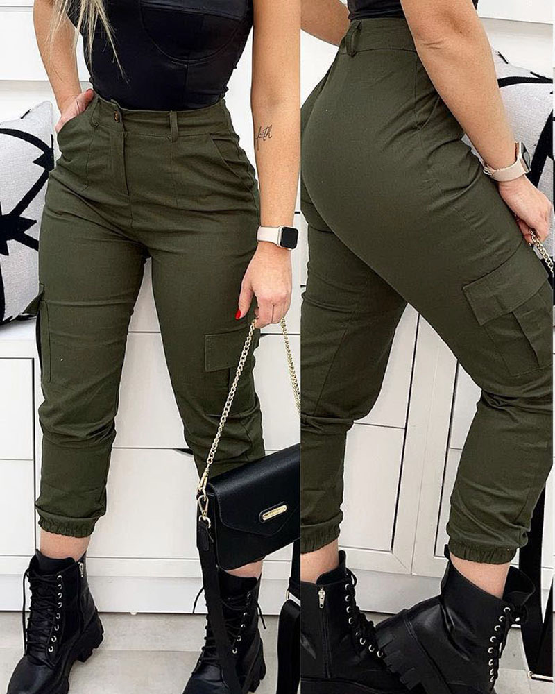 

Zipper Fly Flap Pocket Skinny Cargo Pants, Green
