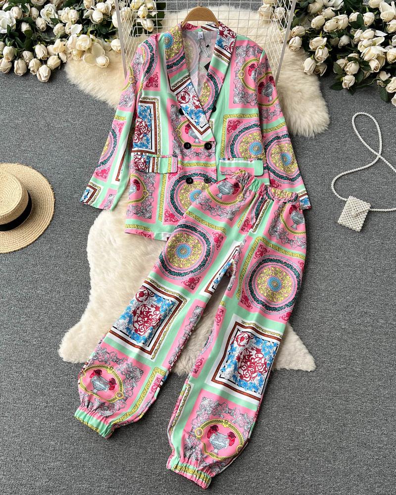 

Baroque Print Buttoned Blazer Coat & Pants Set, Multicolor