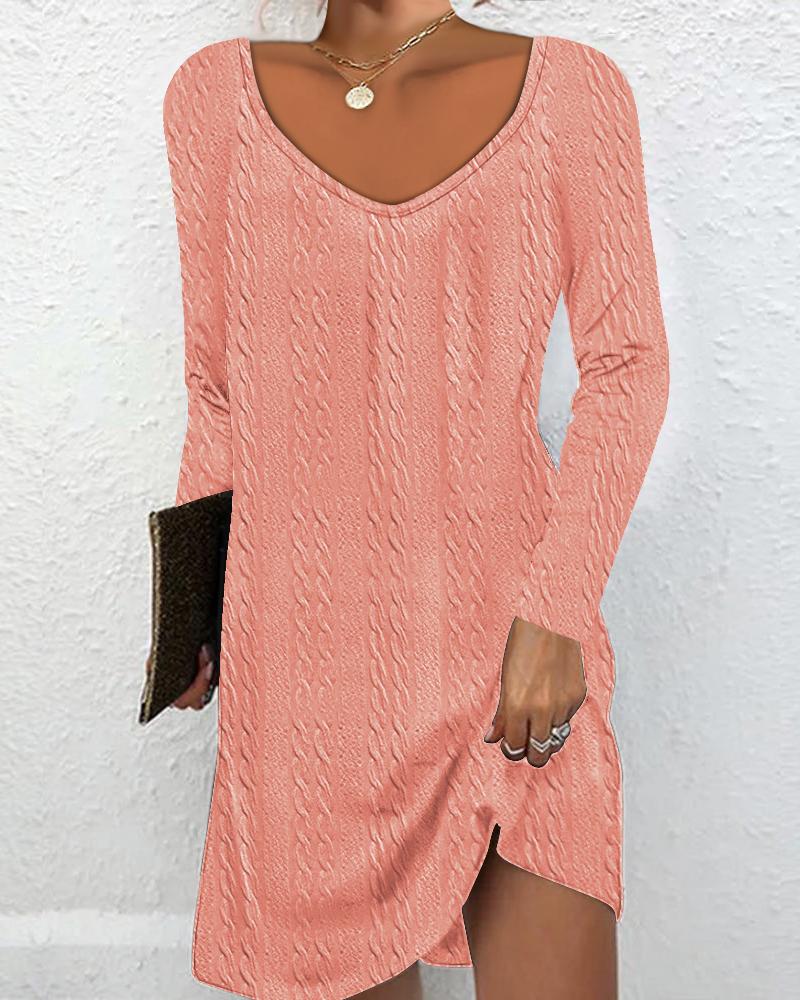 

V-Neck Long Sleeve Cable Textured Casual Dress, Pink