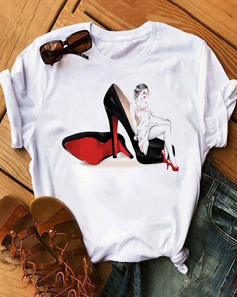 

Figure & High Heels Print Short Sleeve T-Shirt, Style3