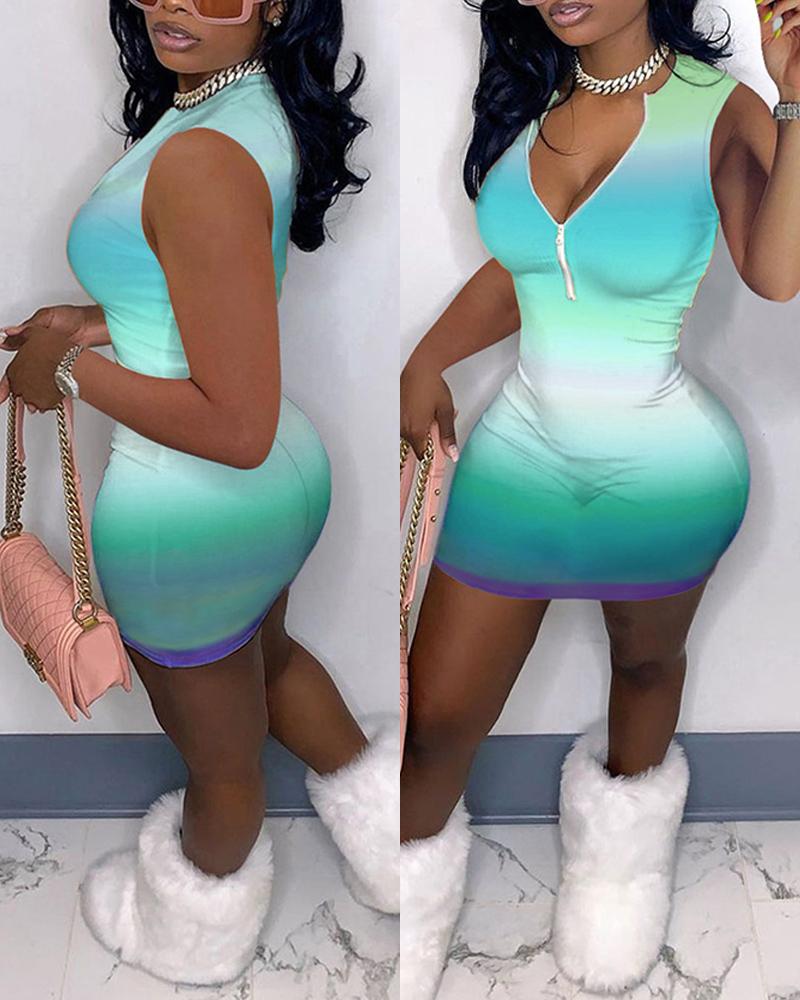 

Tie Dye Skinny Sleeveless Bodycon Mini Dress, Green