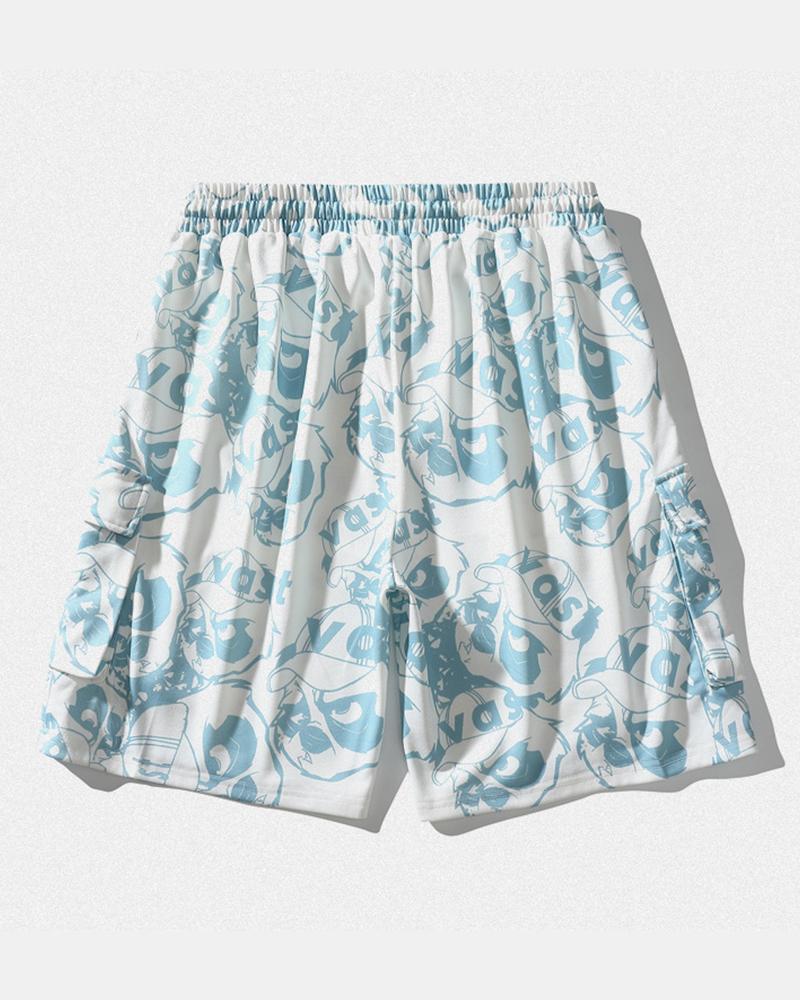 

Cartoon Print Loose Drawstring Shorts, Lighted blue