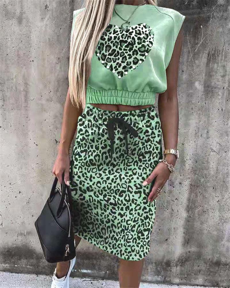 

Cheetah Print Sleeveless Top & Drawstring Skirt Set, Green