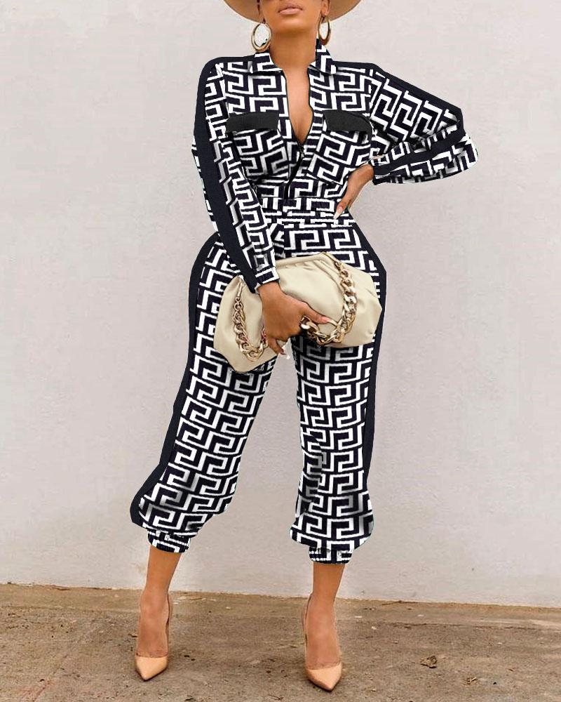 

Geo Print Flap Detail Zip Front Long Sleeve Jumpsuit, Black&white