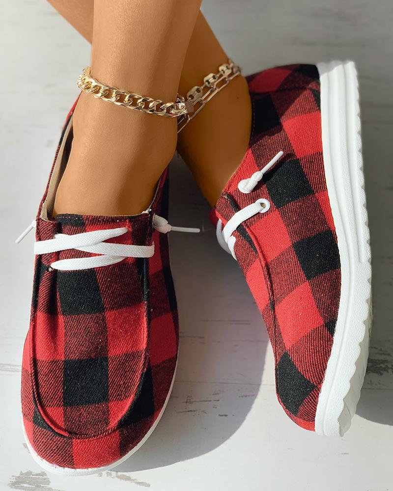 

Plaid Print Lace-up Slip On Casual Shoes, Red