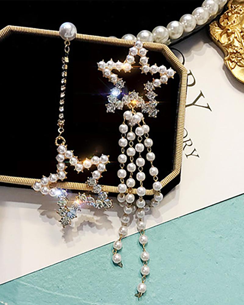 

1Pair Star Pattern Rhinestone Beaded Tassel Drop Earrings, Style1
