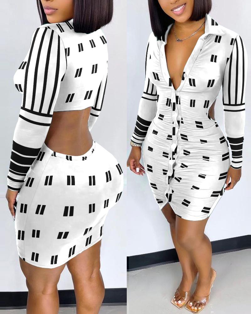 

Geo Print Cutout Back Ruched Shirt Dress, Blackwhite