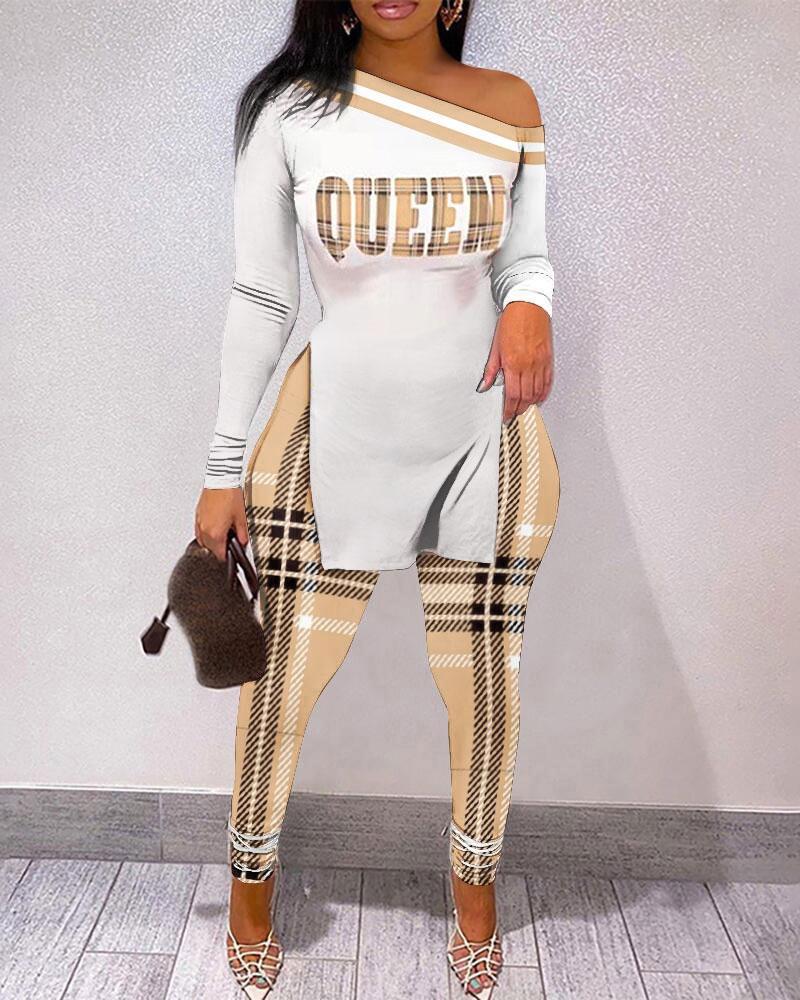 

Plaid Letter Print Split Hem Long Sleeve Top & Pants Set, Khaki
