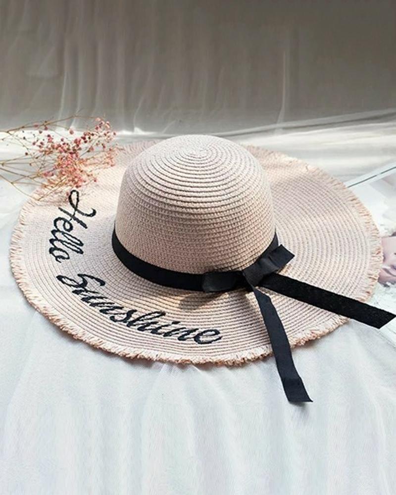 

Letter Pattern Bowknot Decor Wide Brim Sun Hat, Pink