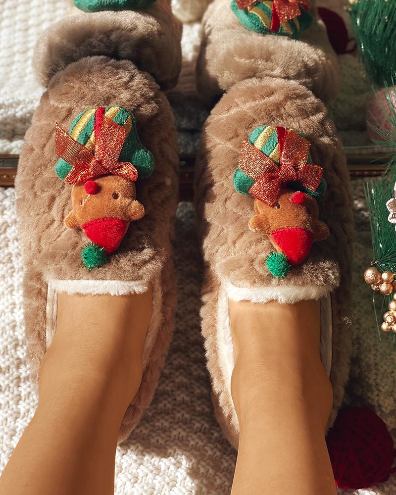 

Christmas Cartoon Decor Fluffy Slip On Shoes, Khaki