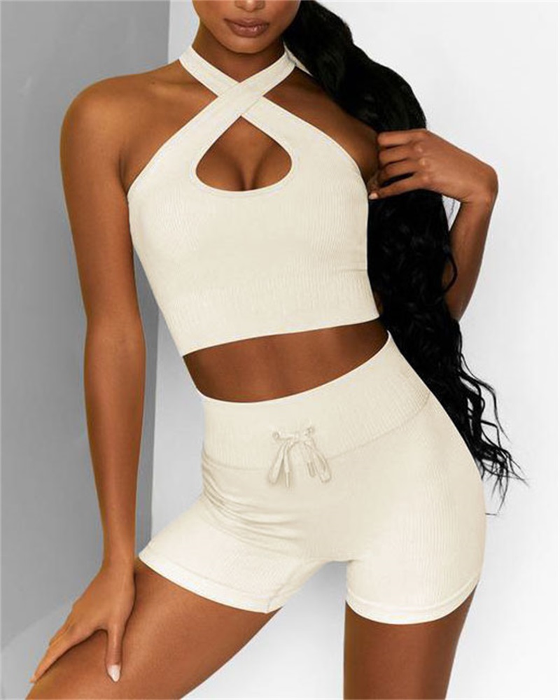

Crisscross Halter Drawstring Active Set, White