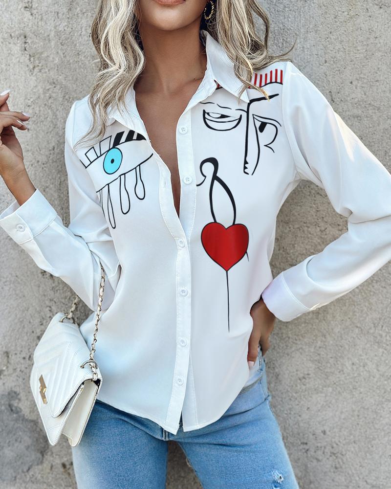 

Figure Heart Print Buttoned Top, White