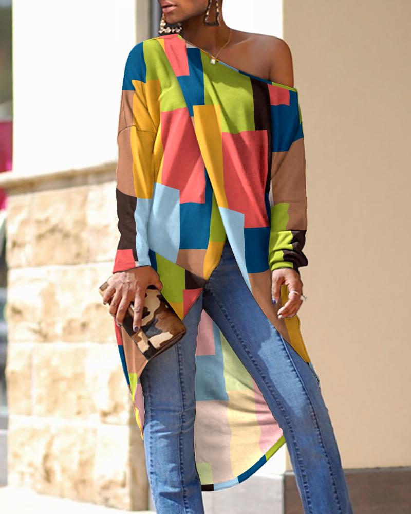 

Geometric Print Long Sleeve Asymmetrical Hem Top, Multicolor