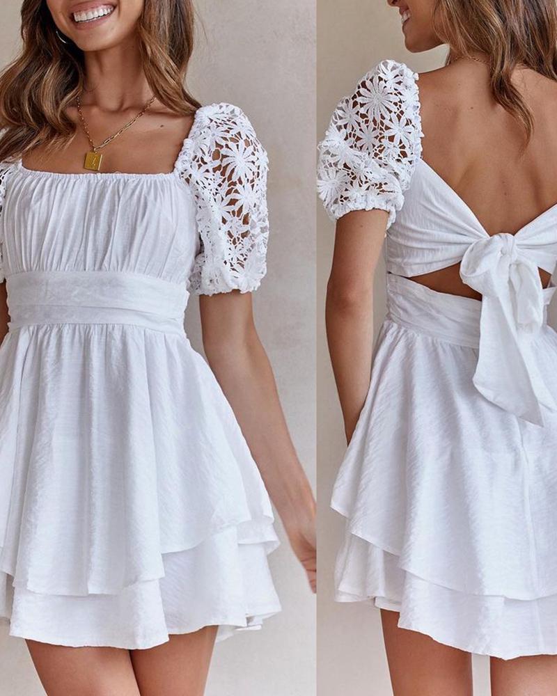 

Lace Short Sleeve Tied Detail Casual Dress, White