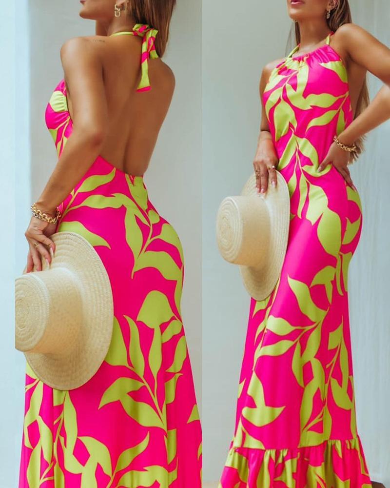 

Plants Print Halter Backless Ruffle Hem Maxi Dress, Multicolor