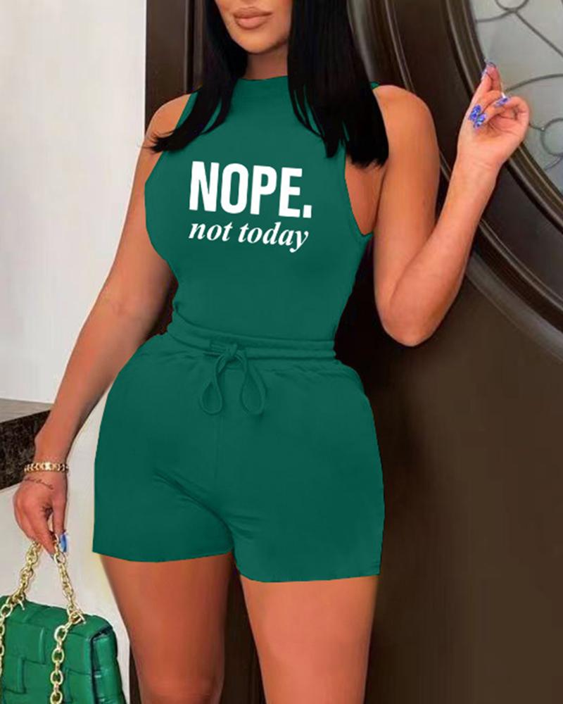 

Nope Not Today Print Mock Neck Top & Drawstring Shorts Set, Green