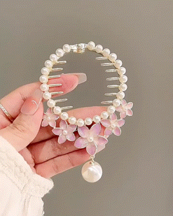 

1pc Floral Pattern Faux Pearls Beaded Hair Clip, Yellow