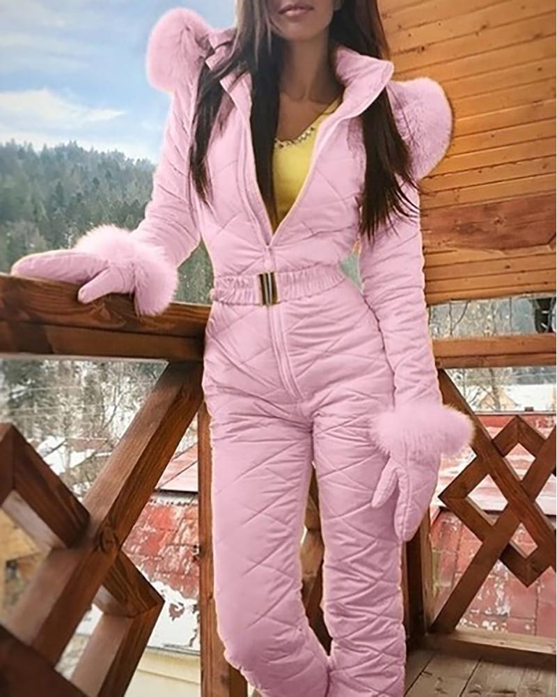 

Fluffy Collar Zipper Design Hooded Jumpsuit, Pink