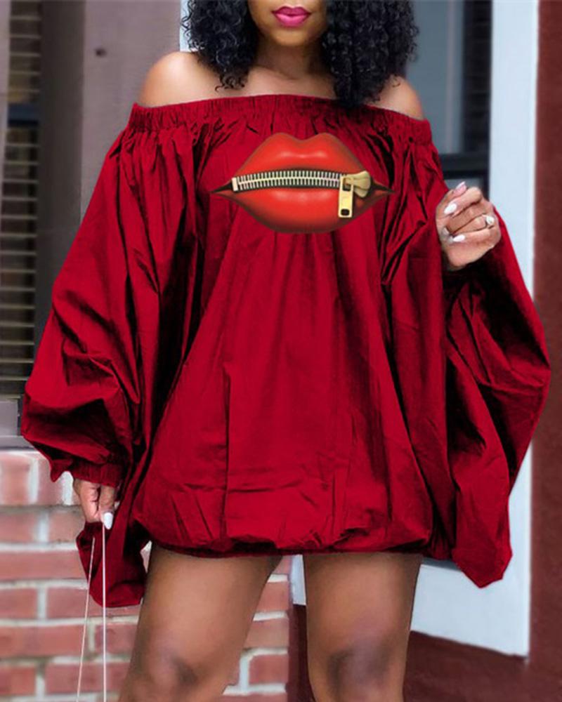 

Plus Size Lip Print Off Shoulder Lantern Sleeve Casual Dress, Wine red
