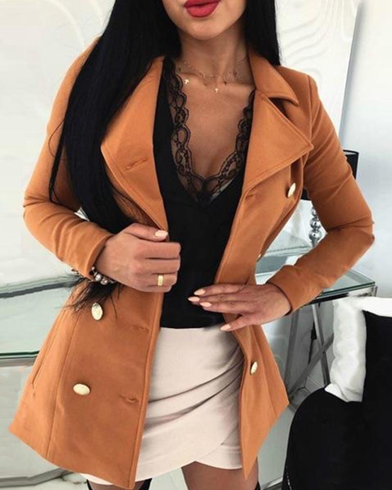 

Long Sleeve Collared Button-Up Coat, Orange