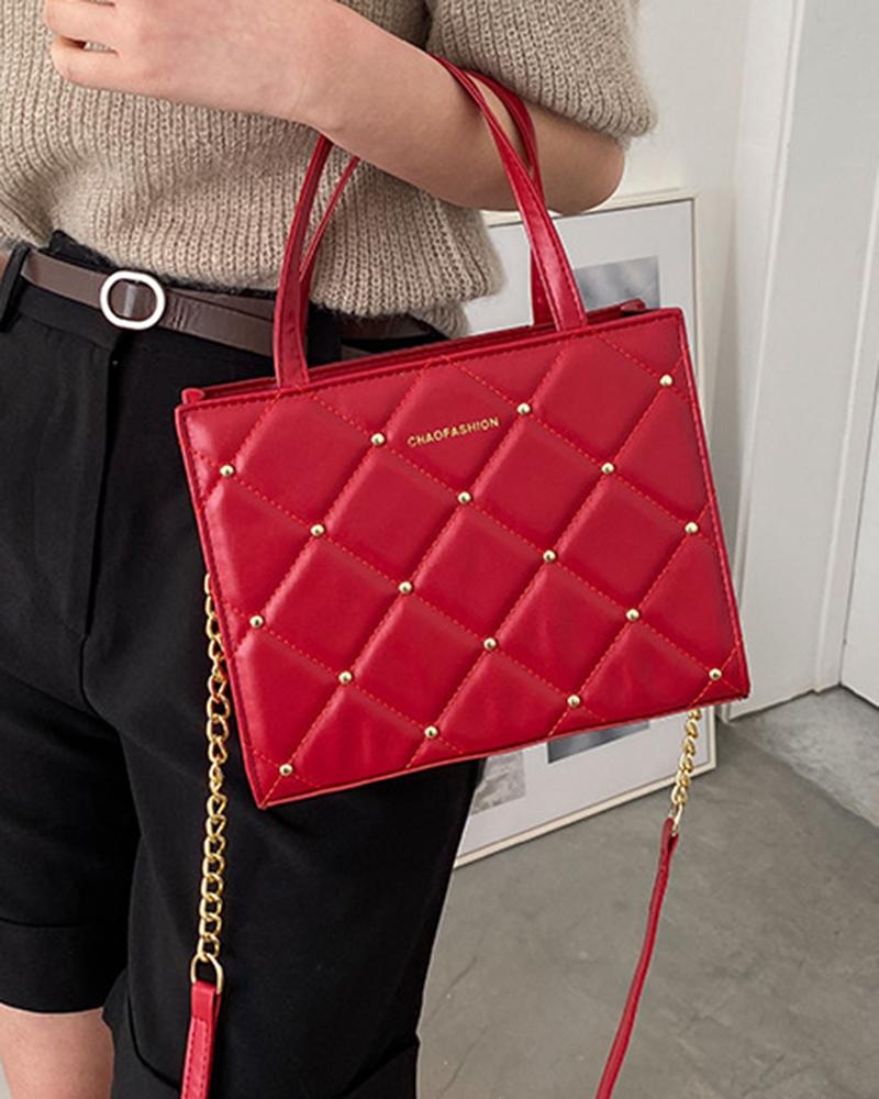 

Studded Quilted Large Capacity Satchel Bag, Red