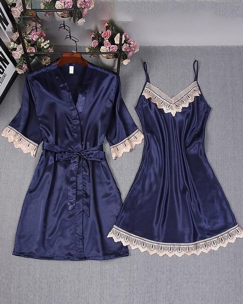 

Lace Trim Satin Robe & Gown Set, Dark blue
