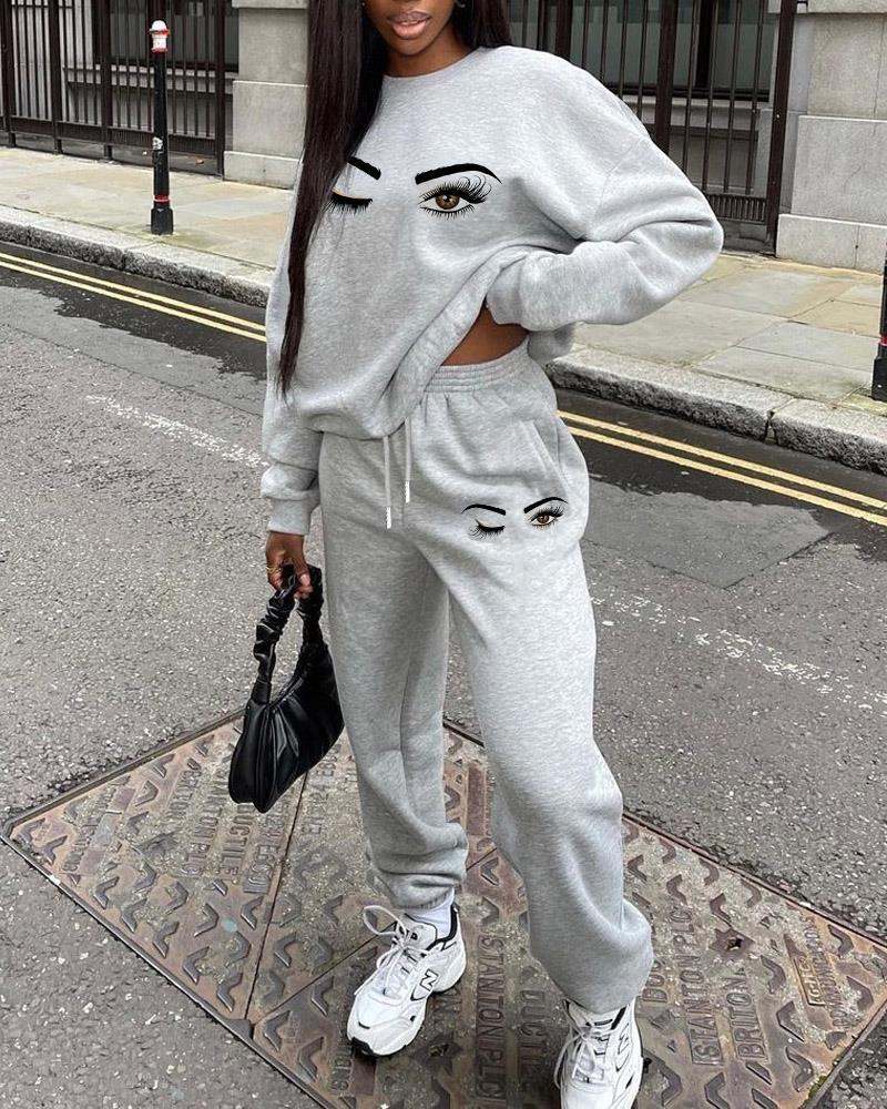 

Figure Print Long Sleeve Casual Top & Pants Set, Gray