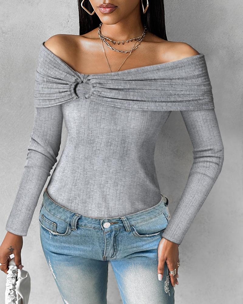 

Ruched O-ring Long Sleeve Off Shoulder Ribbed Top, Gray