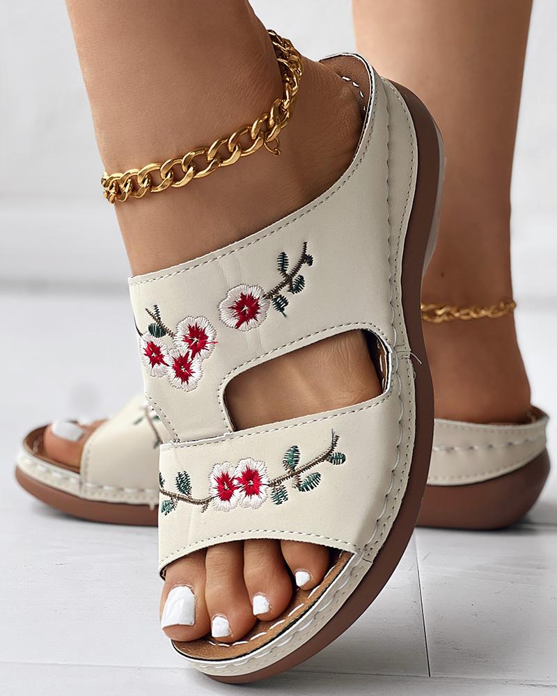 

Floral Embroidery Hollow Out Wedge Slippers, Beige