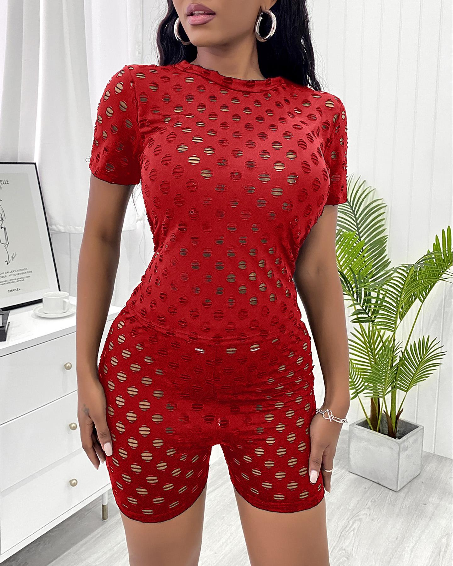 

Hollow Out Short Sleeve Top & Shorts Set, Wine red