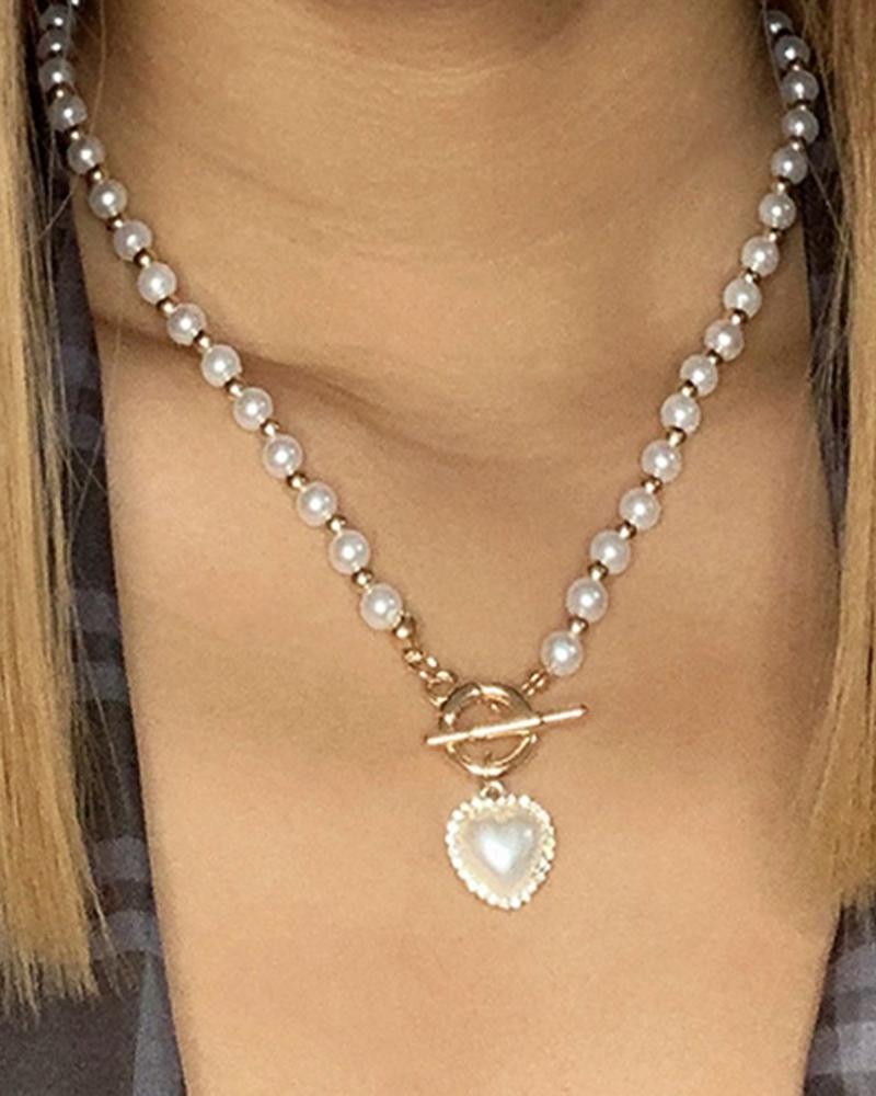 

1pc Pearls Decor Heart Pendant Necklace, Gold