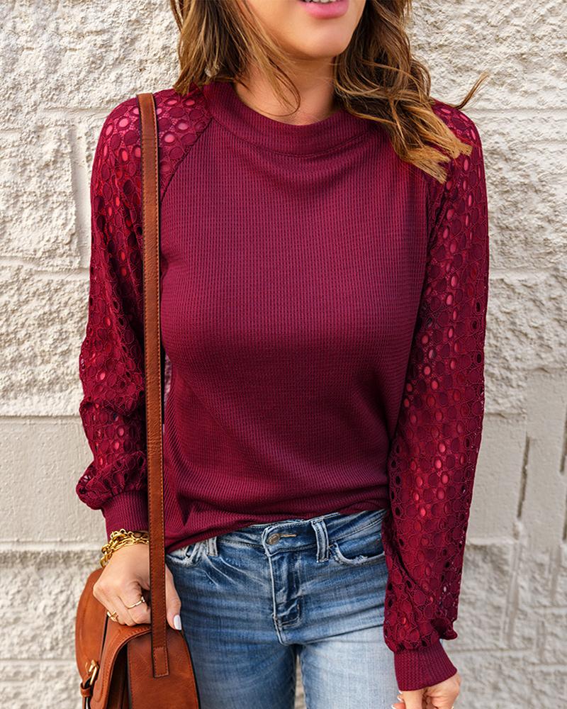 

Waffle Knit Lace Patch Long Sleeve Top, Wine red