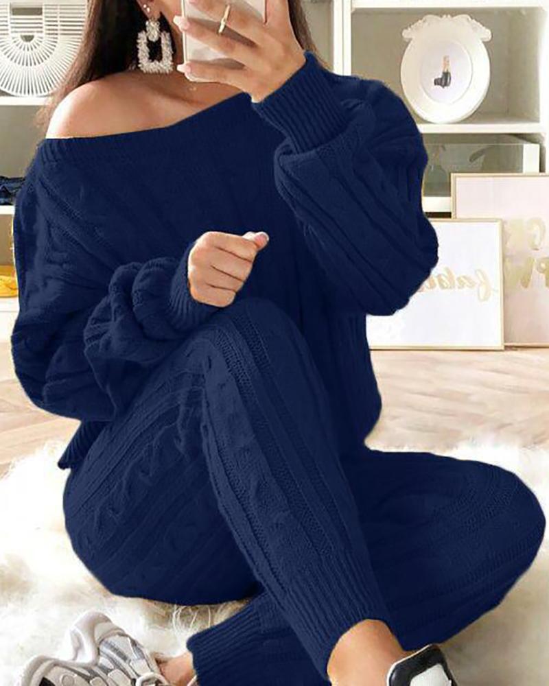 

Solid Ribbed Knitting Casual Sweater & Pants Sets, Blue